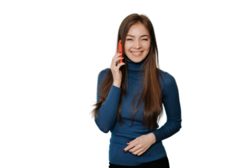 Beautiful cheerful young blonde woman in blue sweater making call, using phone, looking at camera, toothy smiling over transparent background with copy space. Promo, mockup of communication.