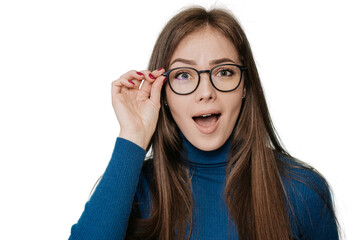 Fototapeta Wow! I don't believe you! A close-up portrait of shocked Swedish girl, amazed woman with open mouth, big eyes, she touches glasses in surprise expression over transparent background. People emotions obraz