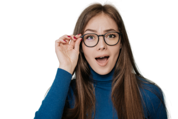 Wow! I don't believe you! A close-up portrait of shocked Swedish girl, amazed woman with open mouth, big eyes, she touches glasses in surprise expression over transparent background. People emotions