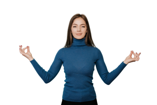 Confident European young woman with long loose hair in blue sweater holding hands in a meditation pose with joined fingers against transparent background. Balance and calmness concept. Mockup.