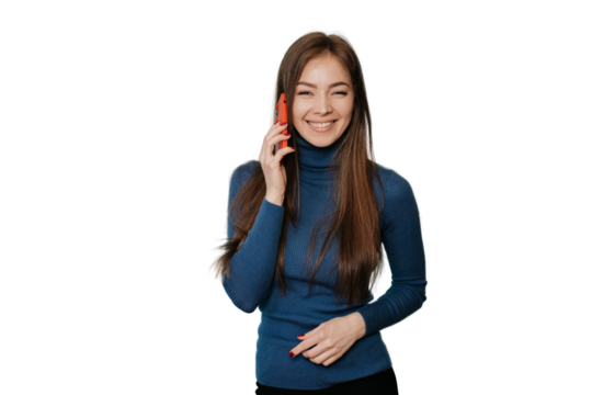 Beautiful cheerful young blonde woman in blue sweater making call, using phone, looking at camera, toothy smiling over transparent background with copy space. Promo, mockup of communication. - Powered by Adobe
