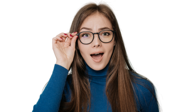 Wow! I don't believe you! A close-up portrait of shocked Swedish girl, amazed woman with open mouth, big eyes, she touches glasses in surprise expression over transparent background. People emotions