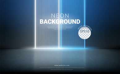 Large empty dark room  with concrete floor and blue white beam line neon light background. Vector illustration