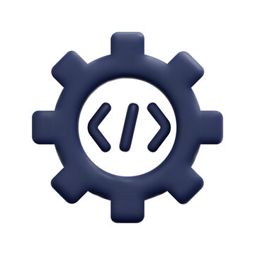 3d coding with gear icon vector. Isolated on white background. 3d web development, seo and marketing concept. Cartoon minimal style. 3d code icon vector render illustration.