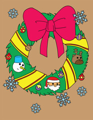Hand-drawn doodle art. Wreath Christmas and cartoon for Merry Christmas or Happy new year card. Coloring page for adults and kids.
