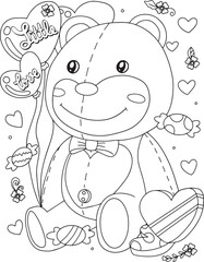 Little love font with bear doll and heart element. Hand drawn with inspiration word. Doodles art for Happy Valentine's day card or greeting card. Coloring book for adults and kids.

