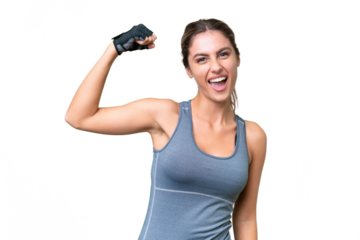 pretty Sport Uruguayan woman over isolated background doing strong gesture