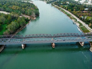 Aerial drone. Bridge over the river Po in Cremona, 