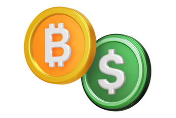 3d render money dollar bitcoin crypto currency green yellow coins forex exchange finance trading
