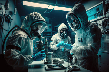 group of scientists in biological protection suits and masks working in a modern laboratory, generative AI