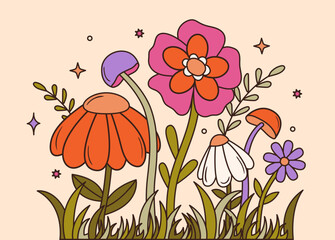 Colorful groovy mushrooms and flowers illustration in 70s and 60s style. Vintage hippie landscape. Psychedelic seventies floral background. Vector graphic design.
