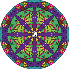 Hand-drawn.Christmas Tree and snowman mandala. Doodle art for Merry Christmas or Happy new year card. Coloring page for adults and kids.
