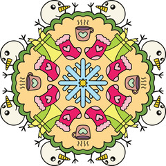 Hand Drawn snowman, coffee cups, and Christmas socks mandala. Doodle art for Merry Christmas or Happy new year card. Coloring page for adults and kids.
