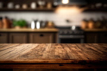 Obraz na płótnie Canvas Brown wooden texture table over light blurred image of kitchen bench. kitchen blurred background. Generative AI