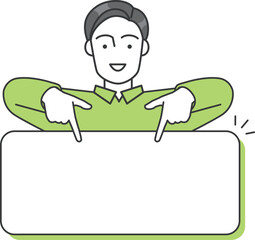 ジネスパーソン（男性）が両手で下のボードを指差しているベクターイラスト