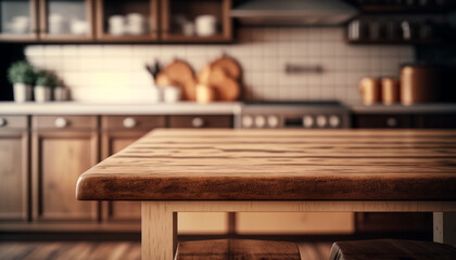 Brown wooden texture table over light blurred image of kitchen bench. kitchen blurred background. Generative AI