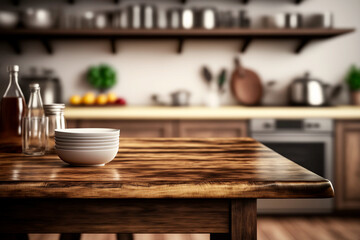 Fototapeta na wymiar Brown wooden texture table over light blurred image of kitchen bench. kitchen blurred background. Generative AI