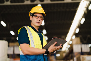 Portrait of Asian industrial engineer worker wearing hardhat while holding tablet looking serious in warehouse factory background, quality control, safety check, professional occupation.