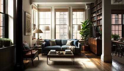 Fototapeta na wymiar modern luxury living room with big window, generative ai
