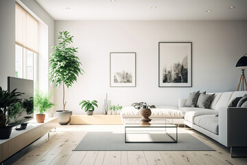 Fototapeta na wymiar cozy modern bright light living room with sofa, generative ai