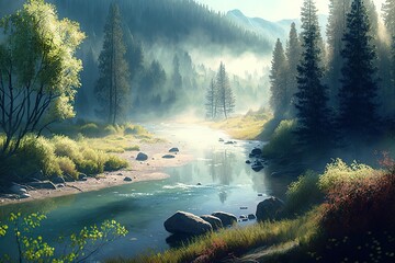 A river in the mountains with trees and mountains in the background