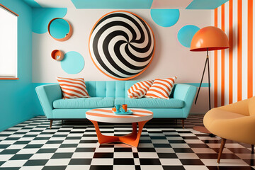 modern colorful living room, op art design, generative ai