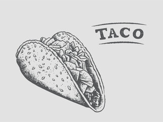 Taco with tortilla shell Mexican lunch. Tacos. Vector illustration Hand Drawn. Street Fast Food.