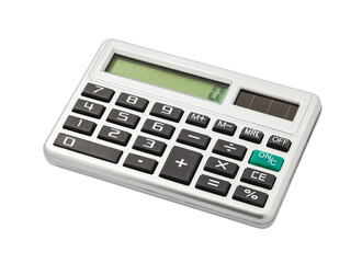 Calculator, silver device for financial calculations, zero is displayed on screen, isolated on white background with clipping path