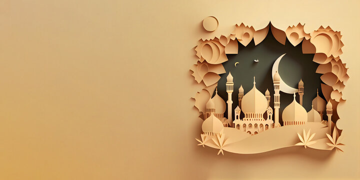 mosque islamic 3d style background. Islamic Greeting Cards for Muslim Holidays and Ramadan, ramadan kareem, mawlid, iftar, eid al fitr adha, muharram, copy space. generative ai