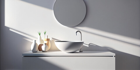 3D styled art illustration an empty white vanity counter with ceramic washbasin and modern style faucet in a bathroom with morning sunlight and shadow. Products display mockup. Generative Ai.