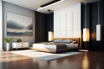 Obraz premium Modern and luxurious black and white bedroom in the house.
