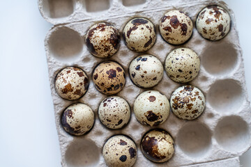 Spotted quail eggs in an egg box on a light background, natural eco-friendly products.