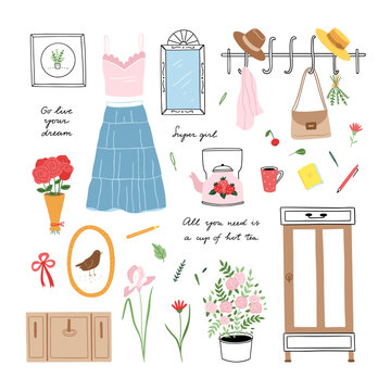 Cottagecore clipart set. Hand drawn lifestyle illustrations. Farmhouse lifestyle vector set