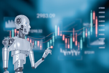Business and financial investment trading forex and stock exchange.3D Rendering futuristic robot technology development, artificial intelligence AI . - obrazy, fototapety, plakaty