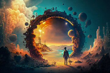 Surreal illustration of a person in front of a portal to another world, dimension or time. Created with Generative AI technology. - obrazy, fototapety, plakaty
