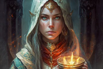 Fototapeta premium Young woman, maybe a priestess or a goddess, with lit candles. Fictional character. Created with Generative AI technology.