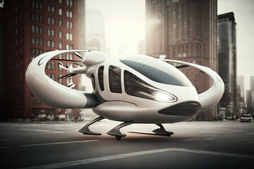 Transportation of the future: futuristic flying taxi cab in city