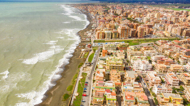 Aerial view of Ladispoli. It is a town and comune in the Metropolitan City of Rome, Lazio, Italy. It is located on the Mediterranean Sea.