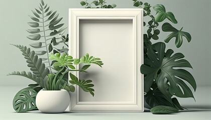 1 Set of Empty Frame Mockup Illustrations with Green Leaf Plant Decoration. Generative Ai
