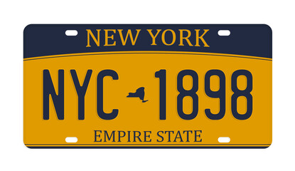 Yellow license plate isolated on white background. Abstract New York license plate with numbers and letters