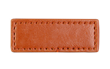 Long brown leather jeans label, tag isolated on white, top view
