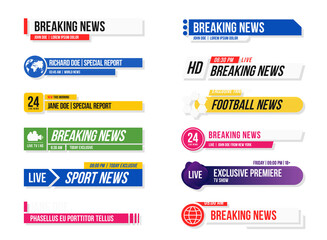 Lower third template. Set of TV banners and bars for news and sport channels, streaming and broadcasting. Collection of lower third for video editing