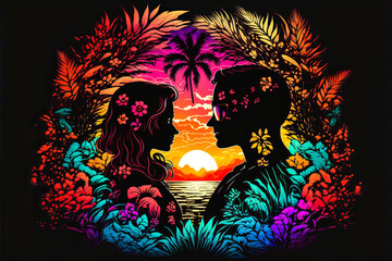 Couple in love in front of a sunset. Exotic palms, bright and contrasting colors on a black background, creating a relaxing and modern atmosphere. Generative AI