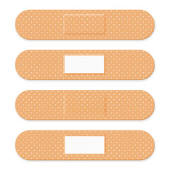 Medical patch, adhesive bandage. Set of elastic medical plasters in different shapes. Realistic first aid band plasters