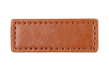 Long brown leather jeans label, tag isolated, top view, PNG