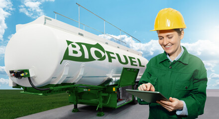Woman engineer on a background of a tank with the inscription BIOFUEL	