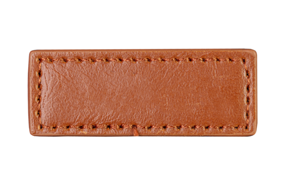 Long brown leather jeans label, tag isolated, top view, PNG