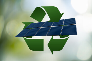 Solar panel with green recycling symbol. 
