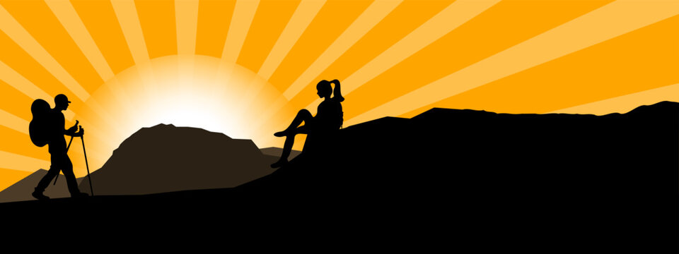 Silhouette of hiker hiking man and woman sitting on rock in the mountains landscape panorama background, with cross and sunrise sunset sunbeams,  illustration icon vector for logo hiking adventure