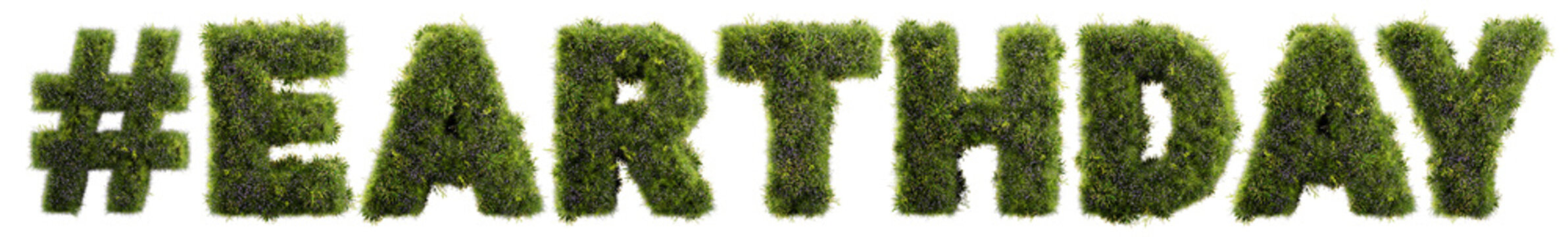 3D render letters made of grass and flowers, easrth day hashtag isolated on white